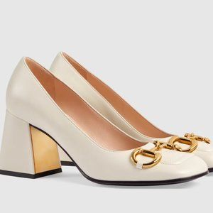 Authentic Gucci Women's mid-heel pump with Horsebit White Leather 7